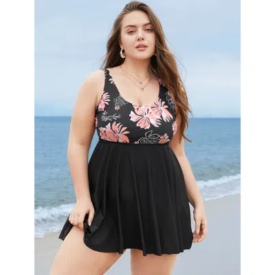 Bloomchic Floral Print Scoop Neck Sculpt Waist Swim Dress In Black