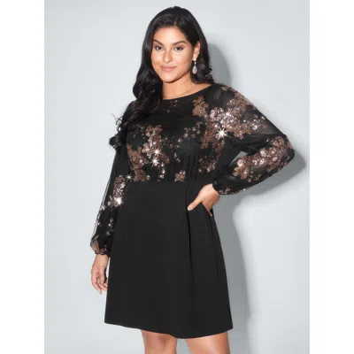 Bloomchic Women's Plus Size Floral Print Sheer Contrast Midi Dress Blackflower Foil Print Mini Party Patchwork