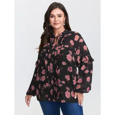 Bloomchic Women's Plus Size Floral Print Sheer Ruffled Sleeve Detail Blouse Blackflower Floral Elegant Long Sl