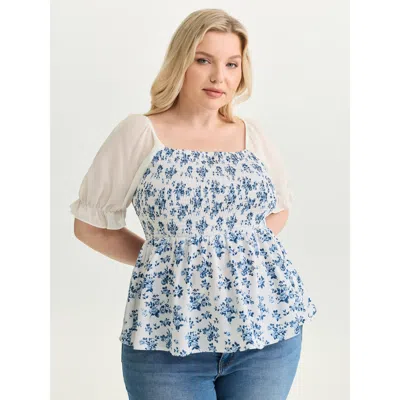 Bloomchic Women's Plus Size Floral Print Sheer Stretchy Cuff Sleeve Blouse Skyblue Ditsy Floral Elegant Short  In Blue