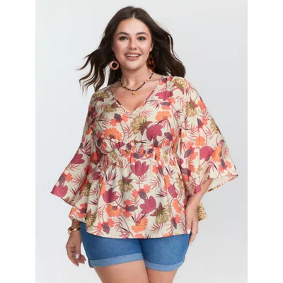 Bloomchic Women's Plus Size Floral Print Shirred Babydoll Blouse Multicolor Tropical Vacation 3/4 Sleeve 10/m