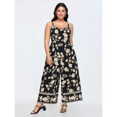 Bloomchic Women's Plus Size Floral Print Shirred Back Jumpsuit Black Elegant Relaxed Fit 12/l