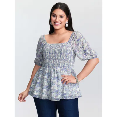 Bloomchic Women's Plus Size Floral Print Shirred Bodice Blouse Lilac Ditsy Floral Elegant Half Sleeve 10/m In Purple