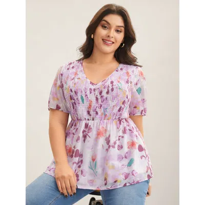 Bloomchic Women's Plus Size Floral Print Shirred Bodice Blouse Lilac Floral Elegant Short Sleeve 10/m In Purple