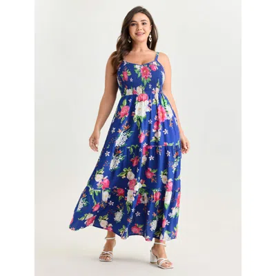 Bloomchic Women's Plus Size Floral Print Shirred Bodice Breezy Midi Dress Darkblue Maxi Elegant Smocked 28/5x In Blue