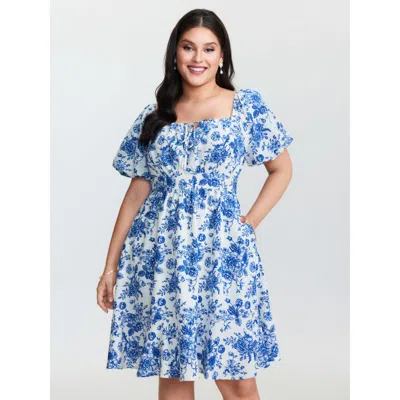 Bloomchic Women's Plus Size Floral Print Shirred Bodice Drawstring Mini Dress Lightblue Ditsy Floral Short Ele In Blue