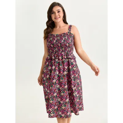 Bloomchic Women's Plus Size Floral Print Shirred Bodice Layered Midi Dress Blackflower Ditsy Floral Maxi Elega