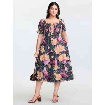 Bloomchic Women's Plus Size Floral Print Shirred Bodice Midi Dress Multicolor Floral Midi Elegant Colorblock 1