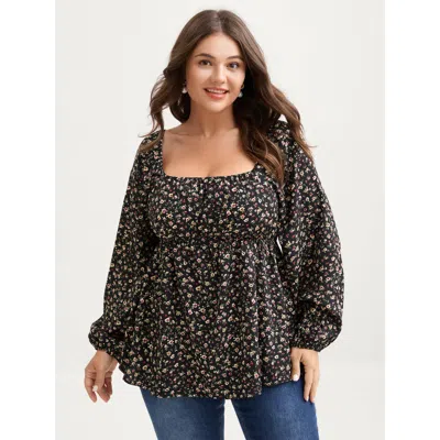Bloomchic Women's Plus Size Floral Print Shirred Bodice Puff Sleeve Blouse Black Ditsy Floral Elegant Long Sle
