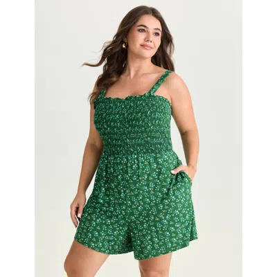 Bloomchic Women's Plus Size Floral Print Shirred Bodice Romper Truegreen Casual Medium Stretch 22-24/3x