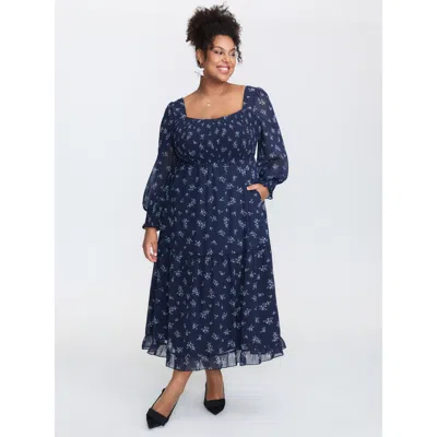 Bloomchic Women's Plus Size Floral Print Shirred Bodice Sheer Maxi Dress Darkblue Ditsy Floral Midi Elegant Sm In Blue