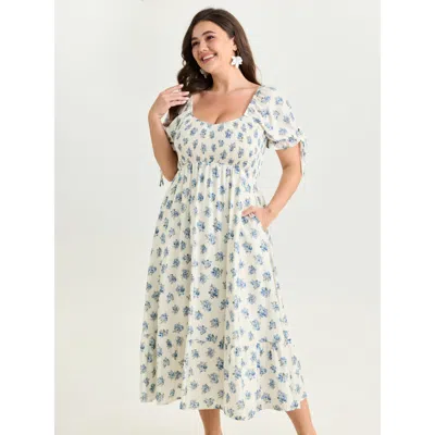 Bloomchic Women's Plus Size Floral Print Shirred Bodice Sleeve-tie Maxi Dress Originalwhite Ditsy Floral Maxi 