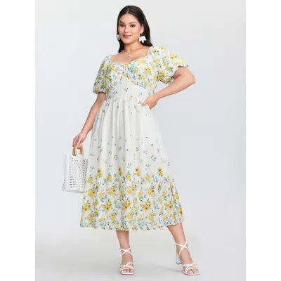 Bloomchic Women's Plus Size Floral Print Shirred Bodice Triangular Waist Midi Dress Multicolor Floral Midi Ele