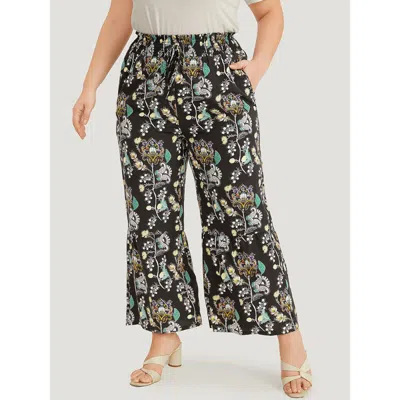 Bloomchic Women's Plus Size Floral Print Shirred Bootcut Ties Pocket Pants Blackflower High Rise Dailywear 10/