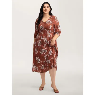 Bloomchic Women's Plus Size Floral Print Shirred Bust-comfort Maxi Dress Rust Floral Midi Elegant Gathered 30/ In Brown