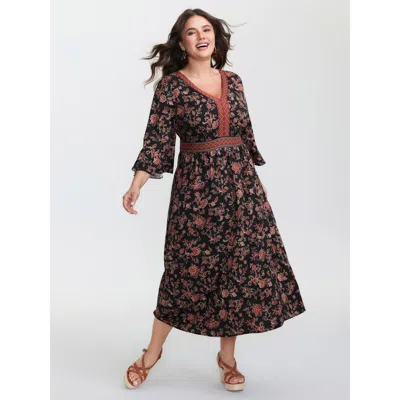 Bloomchic Women's Plus Size Floral Print Shirred Contrast Pockets Maxi Dress Blackflower Bohemian Print Midi V