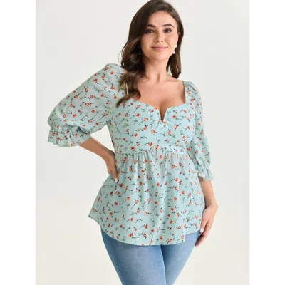 Bloomchic Women's Plus Size Floral Print Shirred Cuff Sleeve Blouse Azure Ditsy Floral Elegant Half Sleeve 10/ In Blue