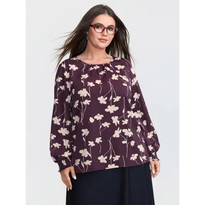 Bloomchic Women's Plus Size Floral Print Shirred Cuff Sleeve Blouse Burgundy Floral Office Long Sleeve Round N