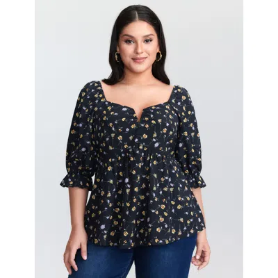 Bloomchic Women's Plus Size Floral Print Shirred Cuff Sleeve Blouse Darkblue Ditsy Floral Elegant Half Sleeve  In Blue