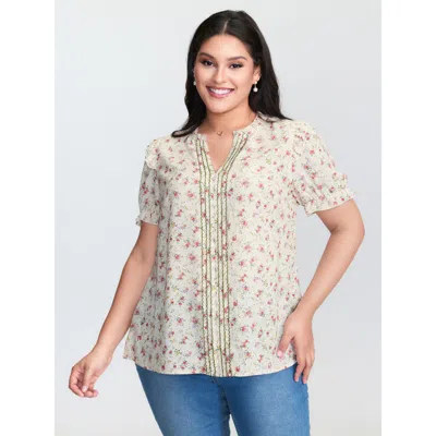 Bloomchic Women's Plus Size Floral Print Shirred Cuff Sleeve Contrast Blouse Ivory Ditsy Floral Elegant Short  In White