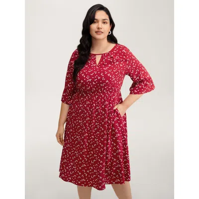 Bloomchic Women's Plus Size Floral Print Shirred Cut-out Neck Midi Dress Scarlet Ditsy Floral Midi Elegant Ple In Red