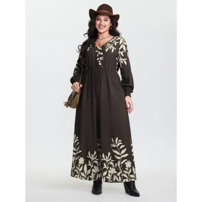 Bloomchic Women's Plus Size Floral Print Shirred Drawstring Jumpsuit Darkbrown Vacation Relaxed Fit 10/m In Brown