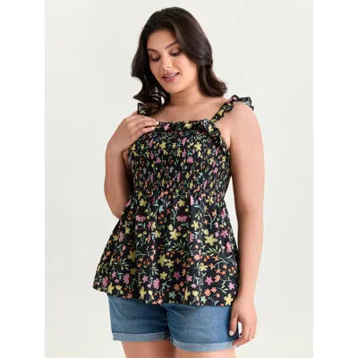 Bloomchic Women's Plus Size Floral Print Shirred Fit And Flare Tank Top Black Casual A-line Square Neck 10/m