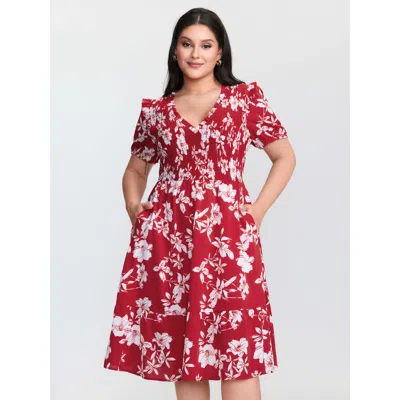 Bloomchic Women's Plus Size Floral Print Shirred Front Flutter Sleeve Mini Dress Crimson Floral Knee Elegant C In Red