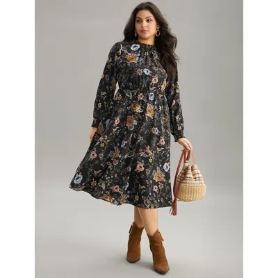 Bloomchic Women's Plus Size Floral Print Shirred Gathered Stand Collar Dress Black Dailywear Gathered 26/4x