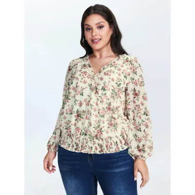 Bloomchic Women's Plus Size Floral Print Shirred Hem Blouse Ivory Ditsy Floral Elegant Long Sleeve V-neck 22-2 In White