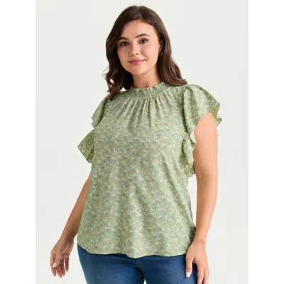 Bloomchic Women's Plus Size Floral Print Shirred Mock Neckline Blouse Greenbean Ditsy Floral Elegant Short Sle