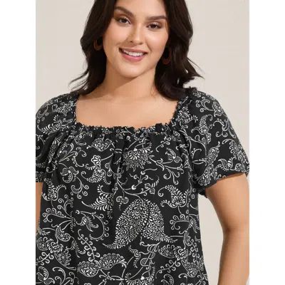 Bloomchic Women's Plus Size Floral Print Shirred Neck Flowy Blouse Black Paisley Vacation Short Sleeve Square 