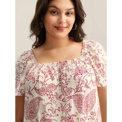 Bloomchic Women's Plus Size Floral Print Shirred Neck Flowy Blouse Ivory Paisley Vacation Short Sleeve Square  In White