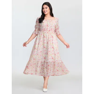 Bloomchic Women's Plus Size Floral Print Shirred Neckline Maxi Dress Crepe Ditsy Floral Maxi Elegant Gathered 