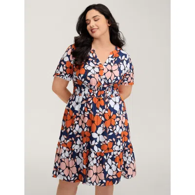 Bloomchic Women's Plus Size Floral Print Shirred Notched Neckline Midi Dress Multicolor Floral Knee Casual But