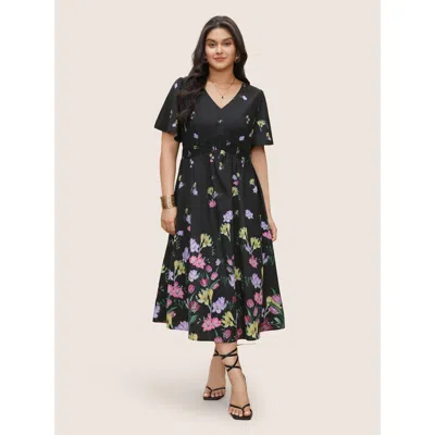 Bloomchic Women's Plus Size Floral Print Shirred Pocket Ruffle Sleeve Dress Black Floral Midi Elegant Smocked 