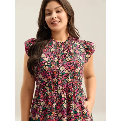 Bloomchic Women's Plus Size Floral Print Shirred Pockets Midi Dress Blackflower Ditsy Floral Midi Elegant Ruff