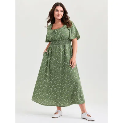 Bloomchic Women's Plus Size Floral Print Shirred Pockets Midi Dress Moss Ditsy Floral Midi Casual Tie Knot 10/ In Green