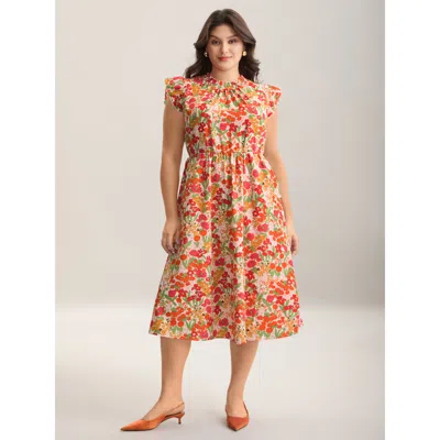 Bloomchic Women's Plus Size Floral Print Shirred Pockets Midi Dress Salmon Ditsy Floral Midi Elegant Ruffles 3 In Pink