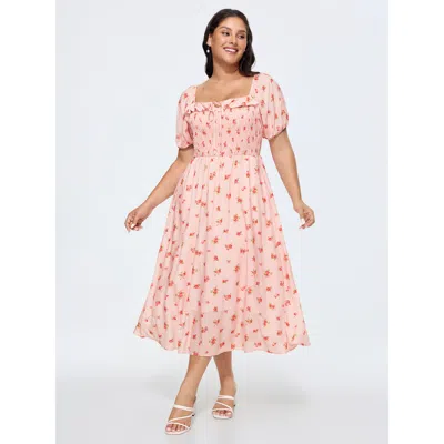 Bloomchic Women's Plus Size Floral Print Shirred Ruffled Neckline Midi Dress Lightpink Ditsy Floral Maxi Elega
