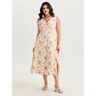 Bloomchic Women's Plus Size Floral Print Shirred Ruffled Sleeve Midi Dress Whitesmoke Ditsy Floral Midi Elegan