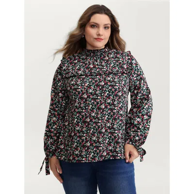 Bloomchic Women's Plus Size Floral Print Shirred Sleeve Tie Blouse Black Ditsy Floral Elegant Extra Long Sleev