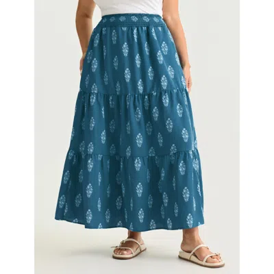 Bloomchic Women's Plus Size Floral Print Shirred Tiered Maxi Skirt Aegean Tiered Non Casual 14-16/1x In Blue