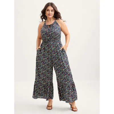Bloomchic Women's Plus Size Floral Print Shirred Waist Cami Jumpsuit Indigo Elegant 30/6x In Purple
