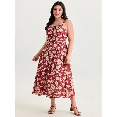 Bloomchic Women's Plus Size Floral Print Shirred Waist Drawstring Midi Dress Burgundy Ditsy Floral Maxi Elegan