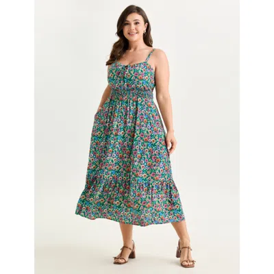 Bloomchic Women's Plus Size Floral Print Shirred Waist Flowy Midi Dress Emerald Ditsy Floral Maxi Elegant Smoc In Green