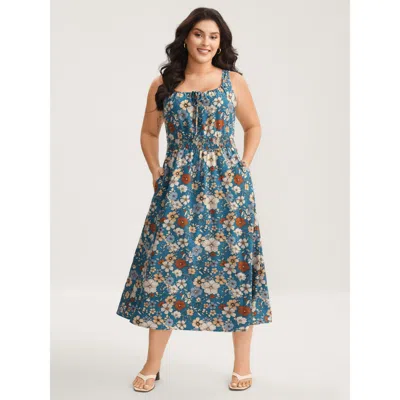 Bloomchic Women's Plus Size Floral Print Shirred Waist Maxi Dress Mediumblue Floral Midi Elegant Smocked 30/6x