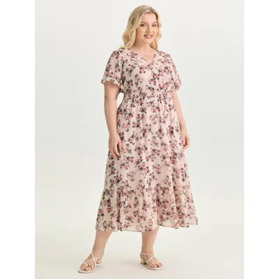 Bloomchic Women's Plus Size Floral Print Shirred Waist Maxi Dress Mistyrose Ditsy Floral Maxi Elegant Wrap / O