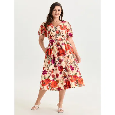 Bloomchic Women's Plus Size Floral Print Shirred Waist Midi Dress Multicolor Ditsy Floral Maxi Elegant Smocked