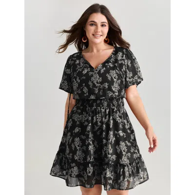 Bloomchic Women's Plus Size Floral Print Shirred Waist Mini Dress Black Leaf Mini Vacation Smocked 10/m